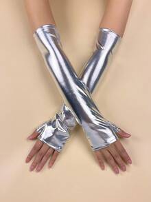 1 Pair Solid Color Reflective Patent Leather Fingerless Gloves, Suitable For Street Dance, Stage Performance, All Seasons - A - View 4