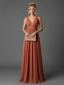 Bridesmaid Dress For Graduation, Party, Mother Of The Bride/Groom, Sashes, Defined Waist, No Glitter, JM Mint, Lilac, Lavender, Marsala, Terracotta. - 紅陶 - 查看 1