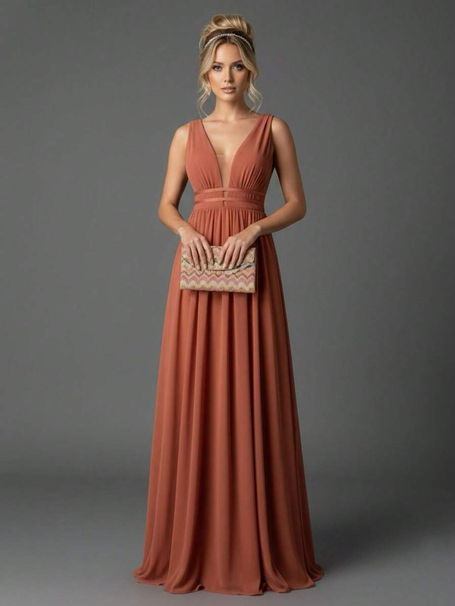 Bridesmaid Dress For Graduation, Party, Mother Of The Bride/Groom, Sashes, Defined Waist, No Glitter, JM Mint, Lilac, Lavender, Marsala, Terracotta. - 紅陶 - 查看 1