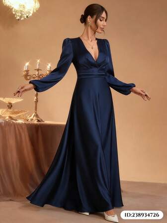 Women's New Style Elegant Romantic Autumn-Winter Satin Long Dress – Voluminous Puff Sleeves, V-Neckline, High Waist, Slim Silhouette, Ideal For Wedding Gatherings & Formal Parties