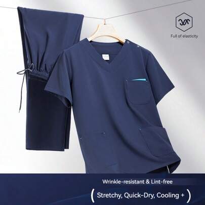 Women's Contrast Color V-Neck Short Sleeve High Stretch Quick-Dry Work Uniform Set, Suitable For Beauty Salons, Dental Clinics, Veterinary Hospitals, Medical Research Institutes, Pharmacies, Maternity Centers