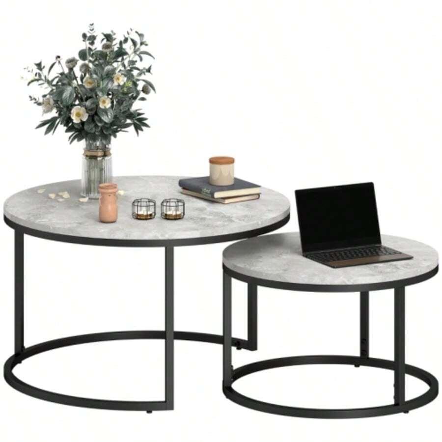 Set Of Two Round Nesting Coffee Tables, Industrial Style, Metal Structure, Black Concrete Look. - Grey - View 1