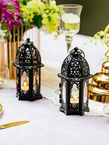 2个小型黑色摩洛哥风格蜡烛灯笼，迷你茶蜡烛台，带透明玻璃面板，非常适合庭院、室内/室外、活动、斋月、派对和婚礼、斋月礼物、生日、毕业典礼、开斋节等场合。 - 彩色 - 查看 4