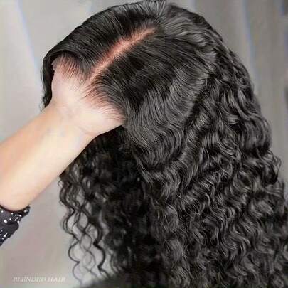 200% 密度 13x6 13x4 高清透明蕾丝前假发 - 长款杰瑞卷发假发 - 预插入预剪蕾丝深波浪无胶假发 - 深卷发片，真人发混纺，预拔毛，带绒毛，自然黑色，非常适合日常佩戴。