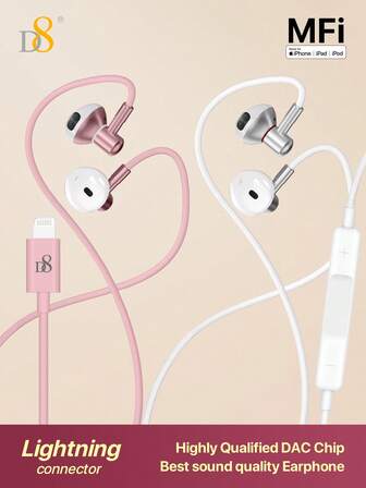 D8 라이트닝 커넥터 헤드폰 아이폰용 유선 인이어 이어폰 마이크 포함- 아이폰 헤드폰 - 애플 헤드폰 - 아이폰용 애플 유선 이어버드, 아이패드 & 모든 제품 라이트닝 커넥터 내장 리모컨으로 음악을 제어하는 아이폰용 유선 이어 버드