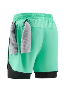 1 pezzo Pantaloncini sportivi tinta unita, anti-sfregamento, leggeri, a doppio strato, unisex, adatti per corsa, attività all'aperto, palestra, primavera/estate - Menta Verde - Visualizzare 4