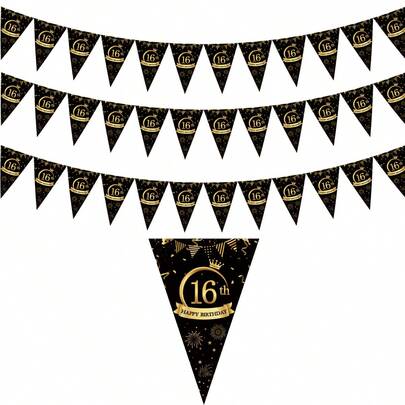 1/3件装 16岁生日黑金三角旗串饰，生日派对横幅装饰，毕业典礼装饰，房间和花园装饰
