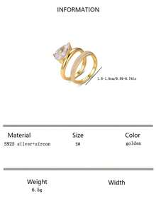 2 件套法国奢华 S925 银材质水滴锆石女士珠宝戒指，适合订婚、婚礼、节日礼物