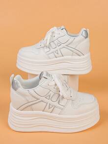 Baskets compensées pour femmes, chaussures de loisirs confortables à lacets, à bout rond, style casual extérieur, blocs de couleurs, mode polyvalente et rehaussante - Blanc - Voir 7