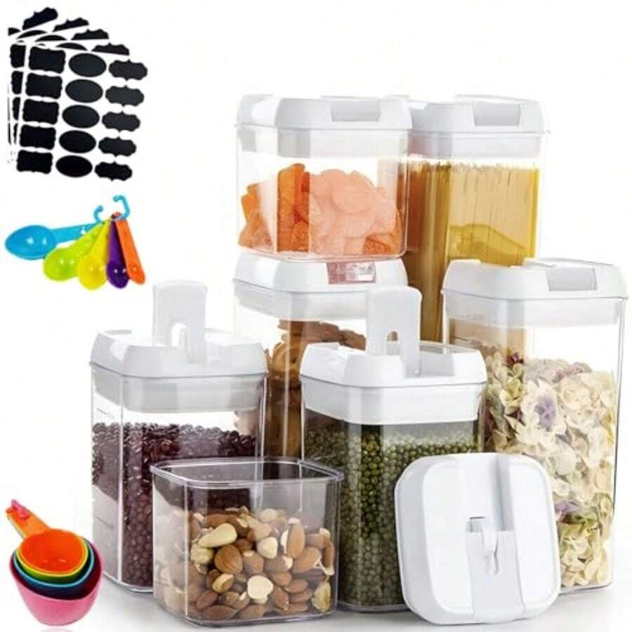 YQQ Juego Brandtrendy de 7 Contenedores Herméticos de Plástico para Almacenamiento de Alimentos. Libres de BPA. Ideales para despensa y refrigerador. Incluye etiquetas reutilizables y marcador.5735 - transparente - Ver 1