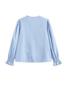 Blusa con cuello en V francés, con volantes, mangas abullonadas para mujeres, diseño único, estilo coreano elegante, adecuada para primavera y otoño - Azul - Ver 6