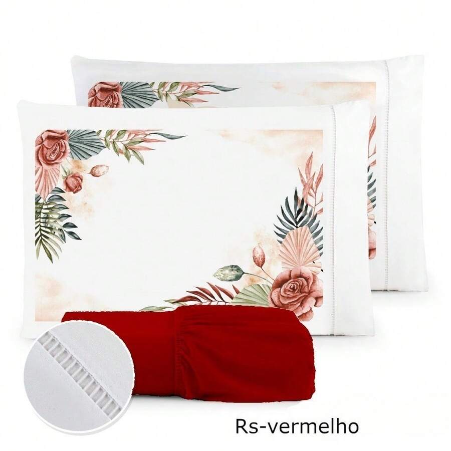 Luxury 3-Piece Sheet Set, 400 Thread Count, Double Bed, 400 Thread Count Micropercal - Foliage - Floral - RS 白色 - 紅色 - 查看 1