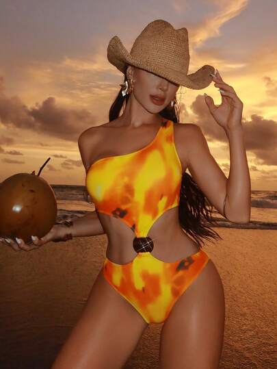 女士扎染印花露背镂空金属装饰连体泳衣，沙滩度假泳装