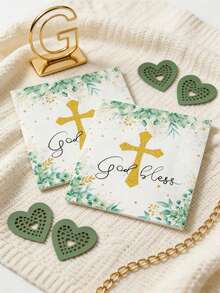 60pcs 13"X13" Baptism Theme Party Disposable Napkins, Elegant Blessing Design With White Background, Green Leaf & Gold Foil Cross "God Bless" Pattern, Suitable For Blessing Gatherings, Cozy Family Thanksgiving, Spring Spiritual Events - Multicolor - View 7