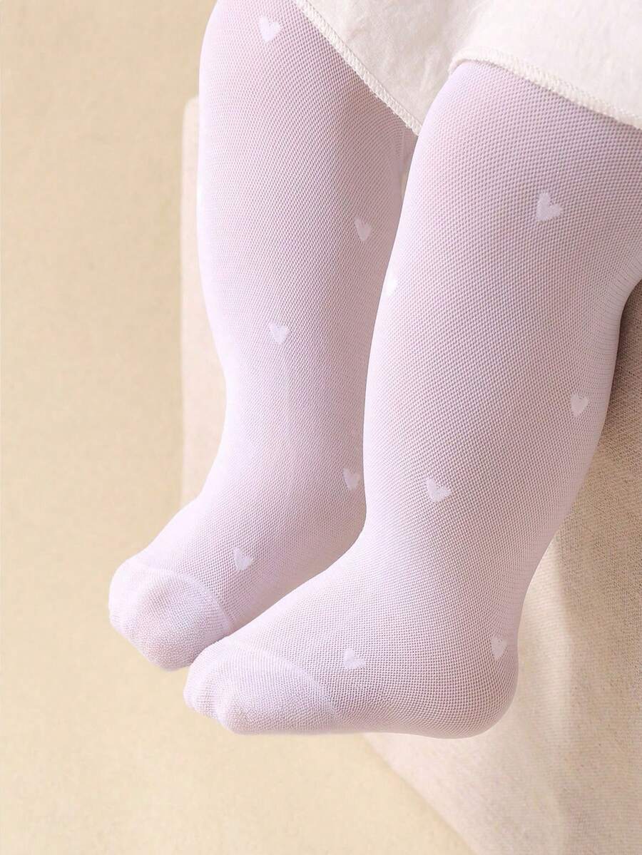 Baby Girl One-Piece Dance Tights Set, Heart Jacquard Pattern, Also One-Piece Tights. Made Of Velvet Material, Comfortable Soft Breathable Skin-Friendly Baby Leg Warmers, Suitable For 0 To 3 Years Old Baby Girls, A Refreshing Summer Outfit Choice. Baby Girl Tights, Toddler Leggings, Baby Mesh Long Leg Warmers, Girls Summer Leggings, - White - View 1