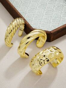 3pcs Fashionable Geometric Pleated Wide Acrylic Bangle Bracelets Set, Versatile Daily Wear For Women - Gold - View 2