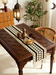 1 Piece Middle Eastern Islamic Style Geometric Zigzag Woven Table Runner, Black/White/Yellow Pattern With Fringed Edge, Durable Woven Material Table Decor, Ideal For Ramadan Festival & Traditional Dining Room, Matching With Carved Wooden Table & Copper Tea Set To Create Rich Cultural Atmosphere - Multicolor - View 13