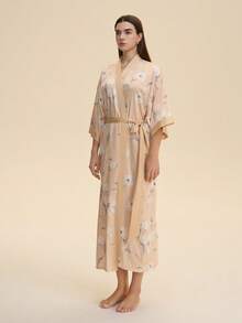 Vintage Loose Bohemian Floral Kimono Cover Up, Elegant Fashion Casual Wear, Lightweight Robe, Beachwear Cover Up, Summer - Apricot - View 6