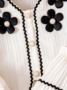 Toddler Girls' Resort Nomadic Black & White Ruffle Set, Ivory Ruffle Fabric + Black Wavy Hem, 3D Floral Collar + Pearl Button Decor, Elegant Vibe For Birthday Party, Piano Recital, Family Gathering; Can Also Be Paired With Small Leather Shoes For Everyday Wear - Apricot - View 5