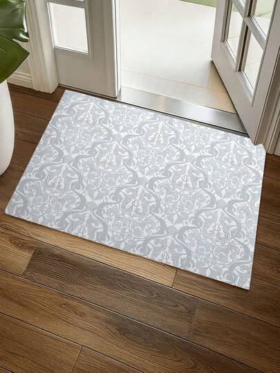 1PC Modern Art Deco Inspired Geometric Pattern Floor Mat Doormat With Intricate Curved Lines And Abstract Floral Motifs Non-Slip Indoor Decorative Rug For Kitchen Living Room Bedroom Dining Area Contemporary Home Decoration