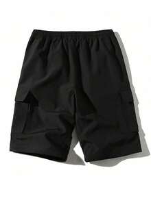 男士宽松抽绳腰带工装短裤，带翻盖口袋，黑色 - 黑色 - 查看 6