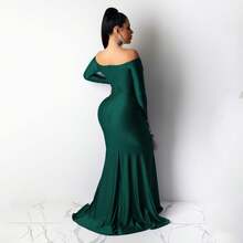 Fooullaide Women Sexy Off Shoulder Prom Evening Gowns Elegant V Neck Short Sleeve Wrap Formal High Split Wedding Guest Dress - 墨綠色 - 查看 4