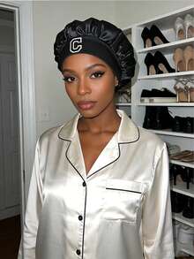 1Pc Women Bonnet Hat A-Z Letters Elastic Wide-Brim Silky Satin Bonnet - Secure-Fit Sleep Cap For Hair Protection, Ultra-Soft Breathable Design With Non-Slip Inner Band