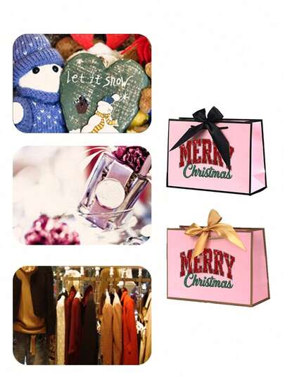 Bow Gift Bag, Large Capacity Shopping Bag With Sparkling Christmas Patterns, White Cardboard Handbag, Party Gift Bag With Bow Decoration, Foldable Storage - Reusable, Suitable As Christmas Gift Packaging Bag, Holiday Gift Giving Bag