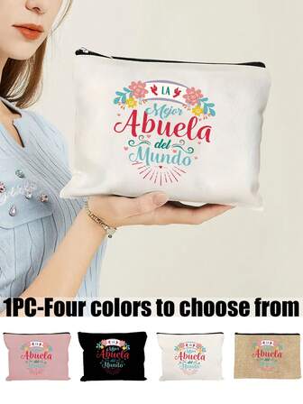 1 Bolsa de maquillaje con cremallera, disponible en cuatro colores, impresa con el patrón de color de alta definición de "La mejor abuela del mundo" en español. Bolsa de almacenamiento con cremallera de moda con elementos de bendición, bolsa de almacenamiento de artículos de tocador