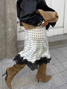 HUACAITA 复古缎面波点撞色蕾丝撞色优雅时尚百搭女裙