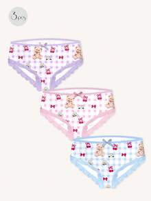 Aesletic 3pcs Colorful Cute Bear Plaid Print Fashion Comfortable Women Lace Patchwork Panties Set - Multicolor - View 3