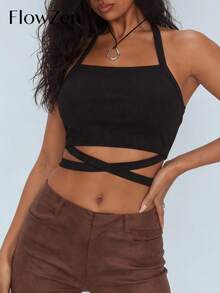 FlowZen Women's New Spaghetti Strap Criss-Cross Hollow Out Cropped Cami Top, Black Ribbed Bodycon Midriff-Revealing Shirt, Y2K Sexy Avant-Garde, Suitable For Party, Date, Casual, Music Festival, Valentine's Day Date - Black - View 5