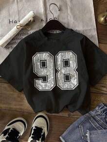 Tween Girl Number "98" Print Crew Neck T-Shirts Spring And Summer Girl's Casual Tee Soft Tops - Black - View 3