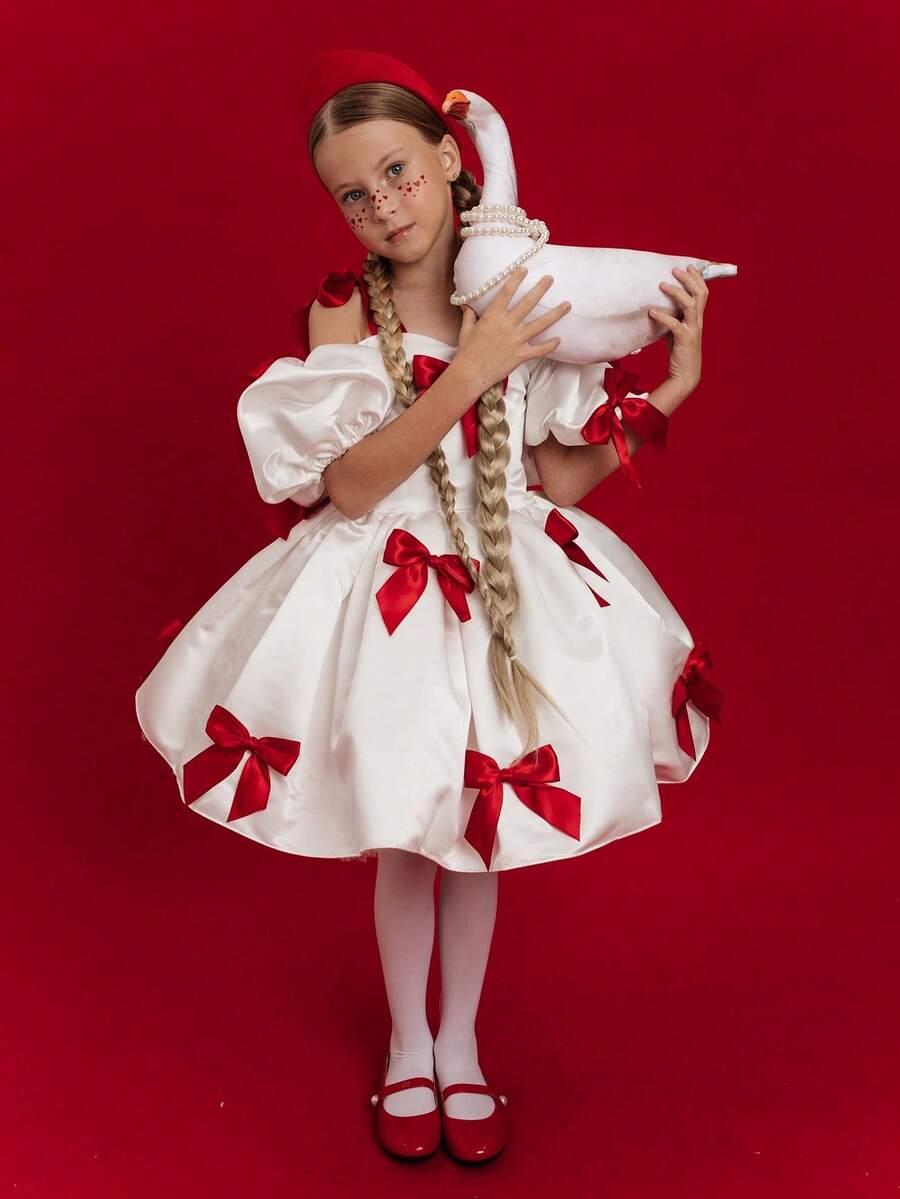 小女孩吊带蝴蝶结泡泡袖公主裙，适合儿童生日派对、花童、婚礼、舞会、聚会、节日庆典等场合。 - 白色 - 查看 1