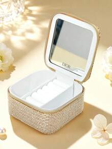 Dior Caja de joyería cuadrada con accesorios de metal con estrella y espejo, totalmente cubierta de rhinestones en un elegante color dorado champán, ideal como regalo festivo o para almacenamiento diario de maquillaje y joyas, para todo el año - Dorado - Ver 2