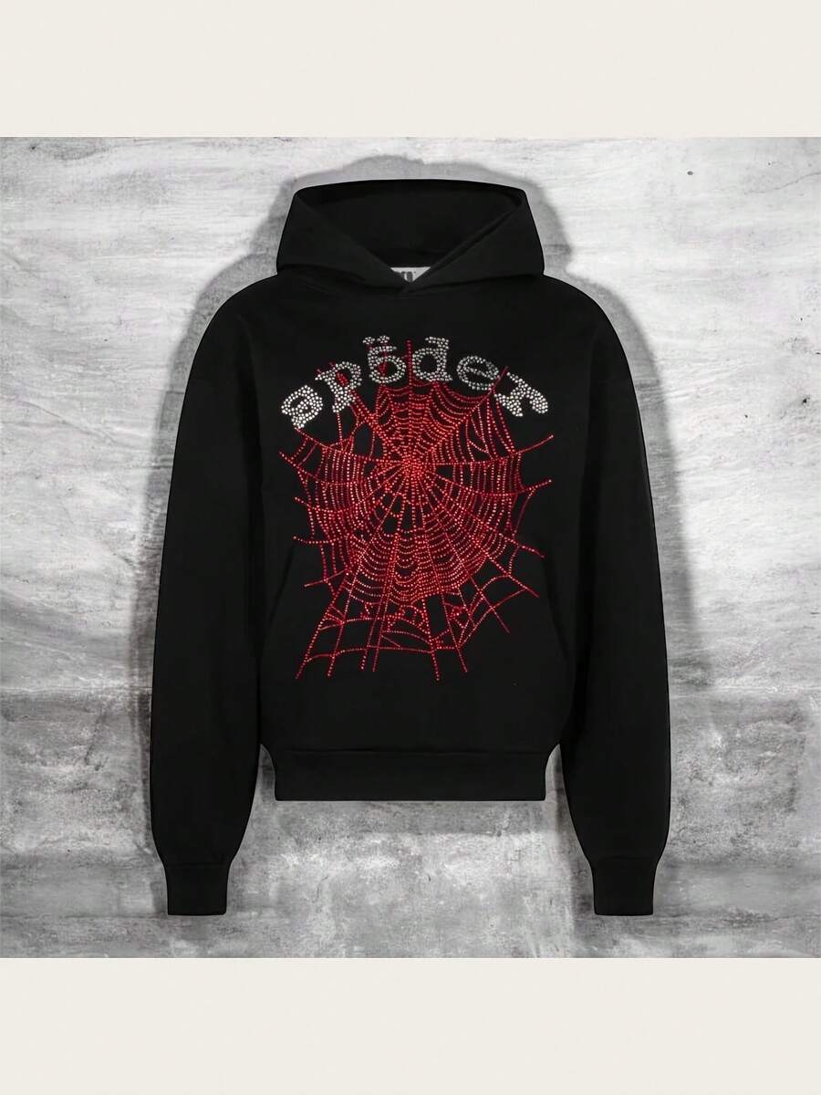 Spider Men's Hooded Pullover Sweatshirt With Red Web Chest Design - Black - View 1