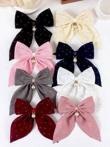 6pcs Solid Color Textured Rhinestone Bow Hair Clips, Elegant Pearl Pendant Large Barrettes, Cute Girl Princess Hair Accessories For Daily Wear And Party - Multicolor - View 4