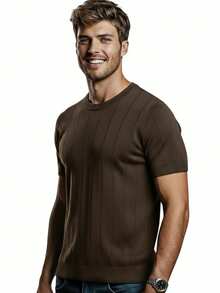 Men's Brown Ribbed Knit T-Shirt, Stylish, Short-Sleeved, Textured, Luxury Knit - 鏽棕色 - 查看 3