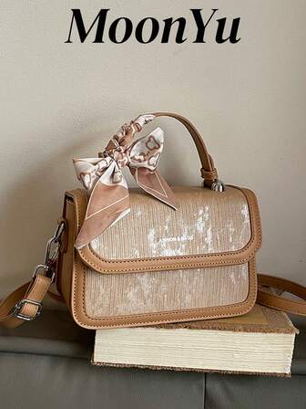 1 pieza Bolso de mujer, bolso cuadrado con solapa, elegante y delicado con bufanda desmontable, color marrón