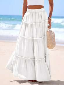 Women's Tiered Maxi Skirt Summer Spring Fashion  High Waisted Long Flowy Casual Boho Beach Vacation Clothes - trắng - Xem 6