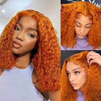 姜橙色真人发波波头假发，4x4/13x4蕾丝前额，180%密度，深波浪卷，预先拔毛，带婴儿发，适合女性，打造自然造型，适合派对和日常佩戴，圣诞节假发，蓬松卷发假发，高密度发质