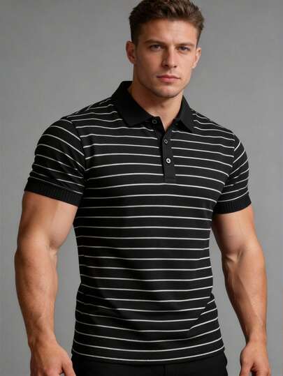 (Pre-Order) Men's Short Sleeve Polo Shirt, Black & White Striped, Casual & Sports Versatile Top