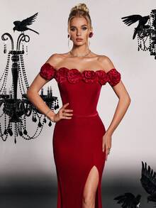 VIPGIRL 3D Floral Elegant High-End Design Split High Waist Long Legs Women's Evening Gown - Red - View 6