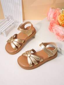 1 Pair Toddler Metallic Bow Wide Strap Breathable Material Lightweight Open-Toe Adjustable-Strap Flat Casual Sandals Summer Outing - Brown - View 1