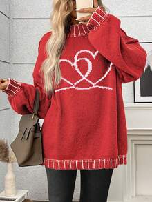 Plus Size Casual Crew Neck Striped Contrast Color Knit Pullover Sweater - Red - View 1