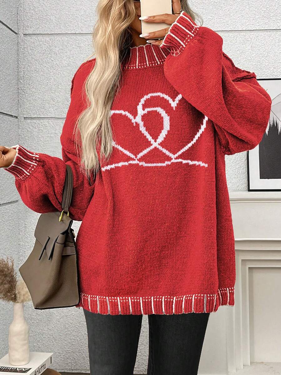 Plus Size Casual Crew Neck Striped Contrast Color Knit Pullover Sweater - Red - View 1