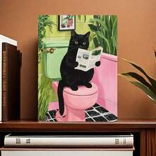 Se muestra un pequeño gato sentado en el inodoro y leyendo un periódico. La pintura en lienzo colorida con marco - un conjunto de arte hecho a mano - es un artículo de manualidades ideal para la decoración del hogar y de las paredes. Presenta impresiones de alta calidad y es adecuado para decoradores del hogar, decoraciones de pared de lienzo enmarcadas. - Multicolor - Ver 6