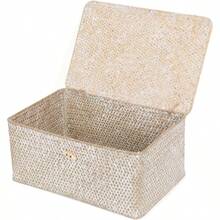 FEIALNDUO - Canastas de mimbre con tapa, cestas de almacenamiento de pastos marinos rectangulares tejidas a mano para estantes, organizador de computadora para el hogar blanqueado, - Large + blanco - Ver 1