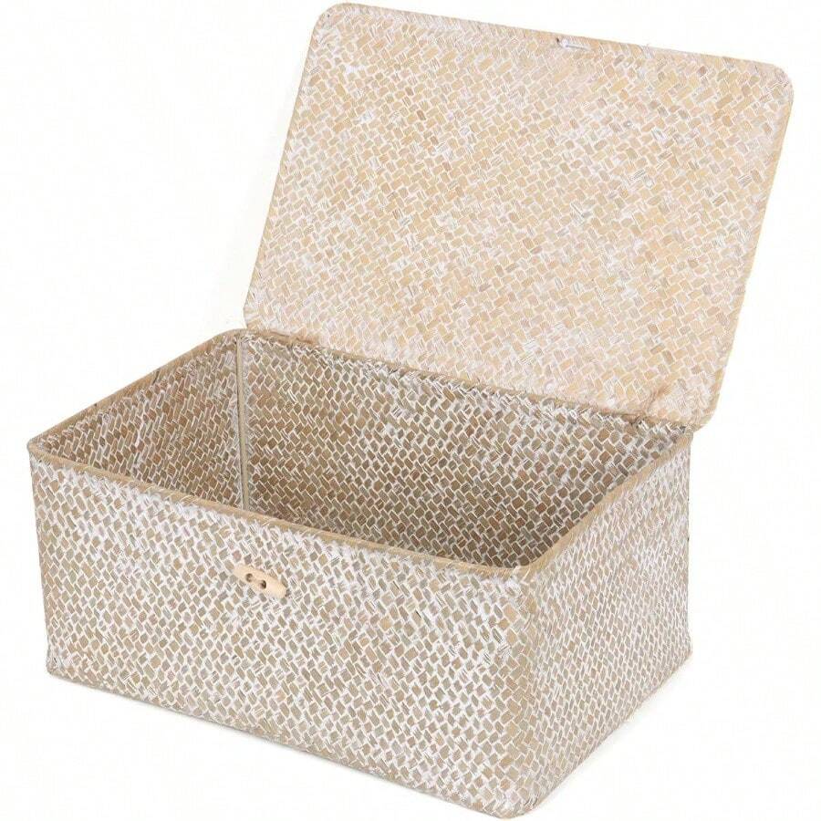 FEIALNDUO - Canastas de mimbre con tapa, cestas de almacenamiento de pastos marinos rectangulares tejidas a mano para estantes, organizador de computadora para el hogar blanqueado, - Large + blanco - Ver 1