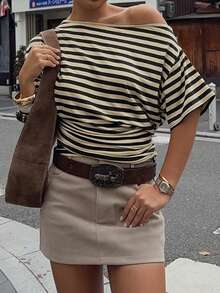 New Stylish Elegant Striped Oblique Neck Short Sleeve T-Shirt With Waist Ruching, Suitable For Casual, Beach, School, Vacation, Street - Black Apricot - View 5
